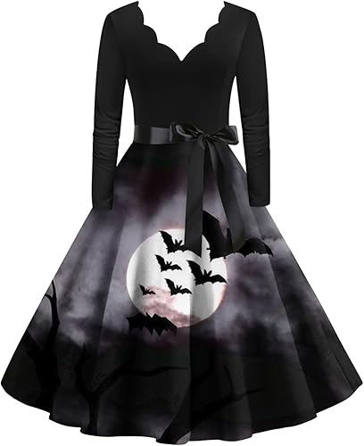 Halloween Dresses Womens Long Sleeve Cocktail Swing Dress Pumpkin Witch Printed Cosplay Party Costume Swing Dress