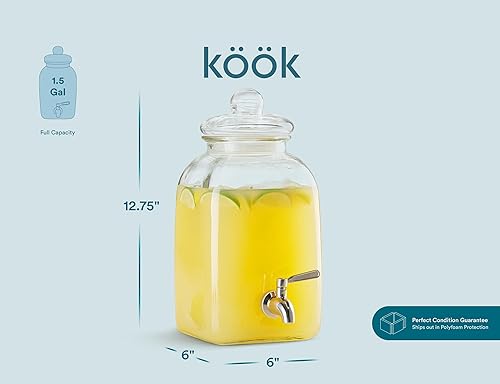 Miniatura 7 de Kook Dispensador de bebidas de vidrio, con espita de acero inoxidable a prueba de fugas y etiqueta personalizable, tarro de masón transparente,