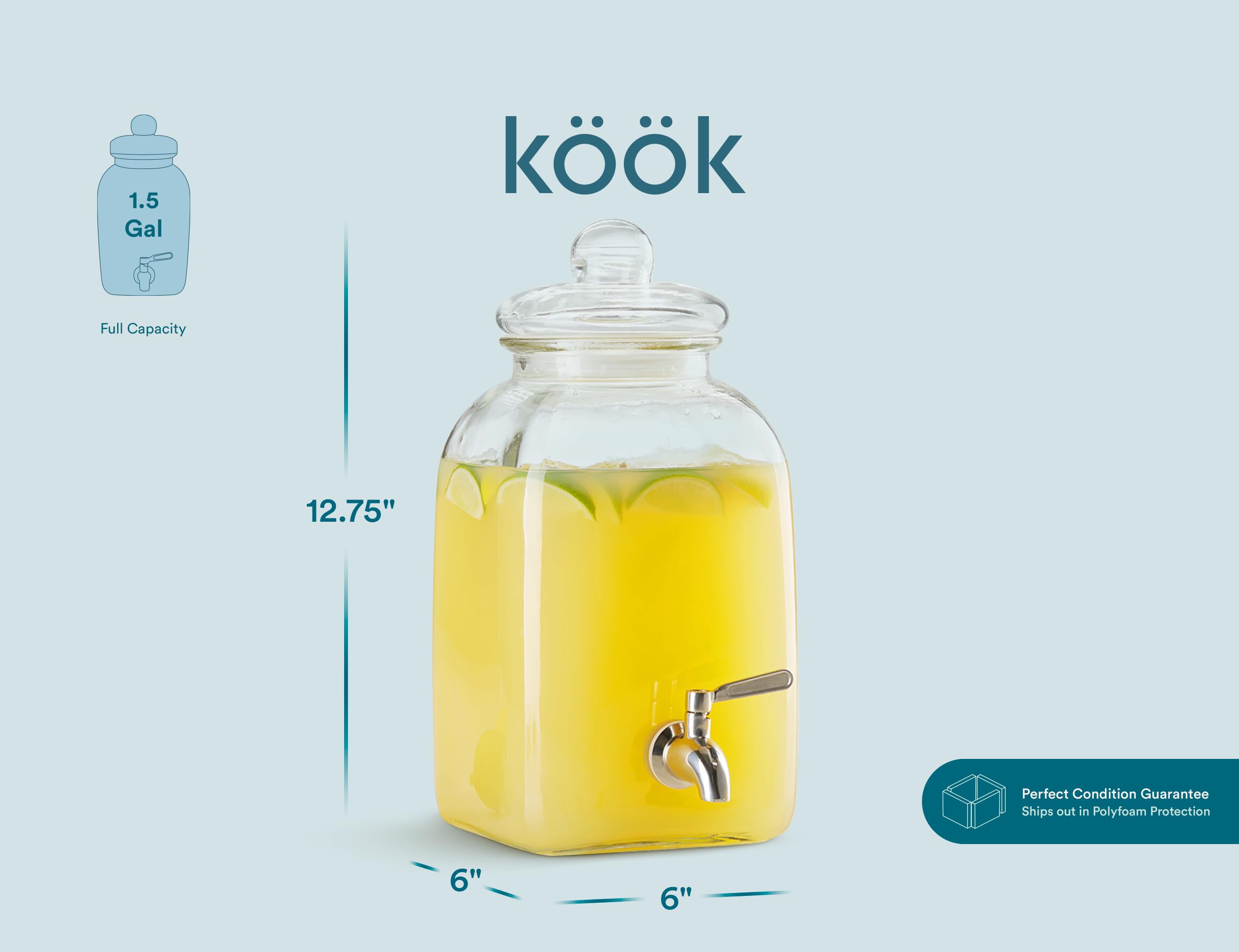 Kook Dispensador de bebidas de vidrio, con espiga de acero inoxidable a prueba de fugas y etiqueta personalizable, tarro transparente para almacenamiento de bebidas para refrigerador, para agua, té
