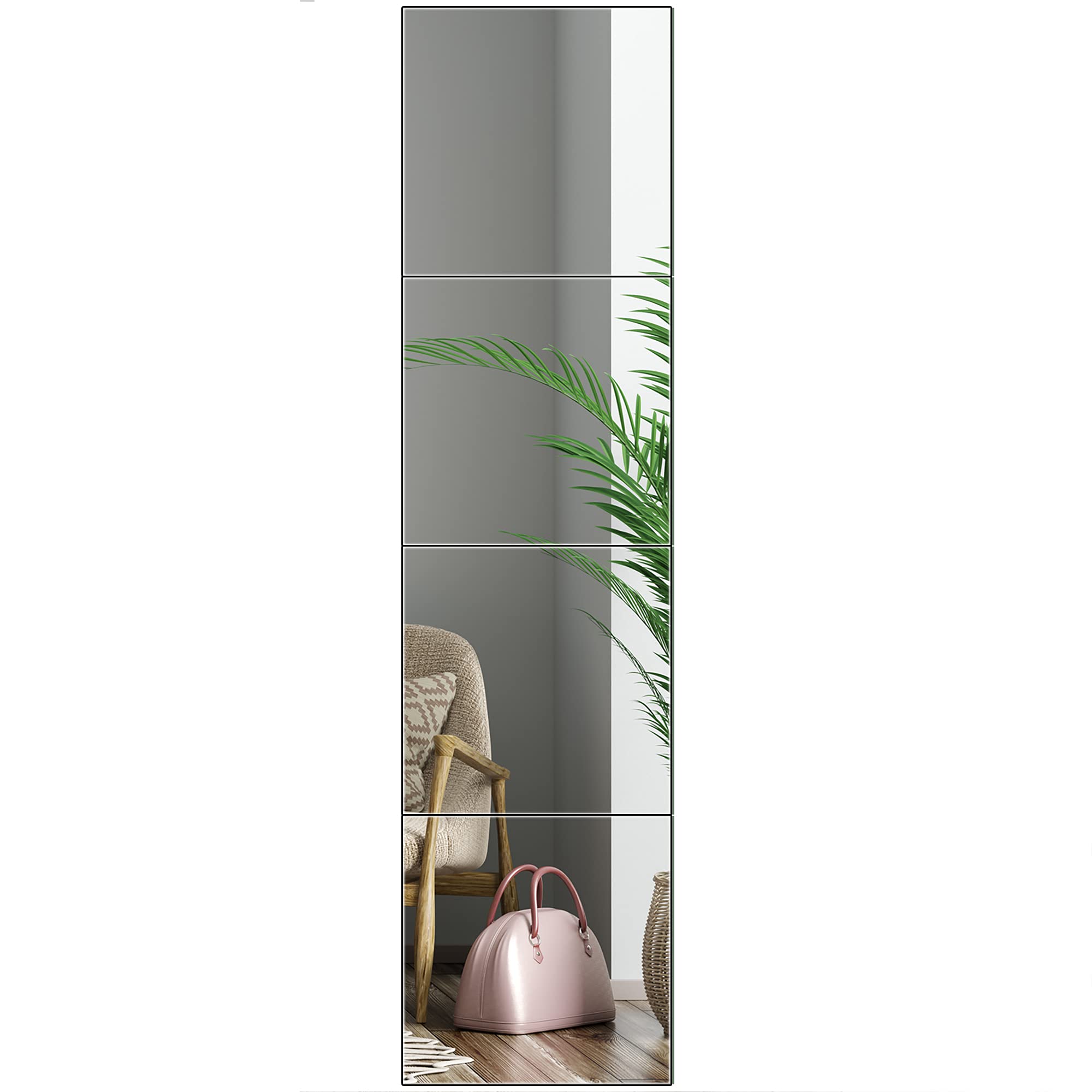 BOMINICA Full Length Wall Mirror Tiles 12 x 12 Inch x 4Pcs Wall Mounted Frameless Glass Mirror Decorative