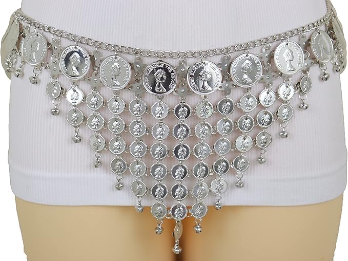 Women Vintage Look Ethnic Fashion Belt High Waist Hip Silver Color Metal Coin Belly Dance Adjustable Fit S M4
