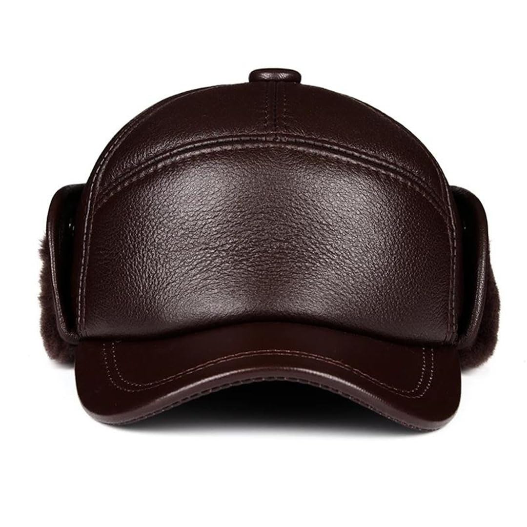 Gorro de invierno para hombre, piel de oveja auténtica, con solapa para las orejas, color negro, cálido y grueso, marrón, 55-56 cm
