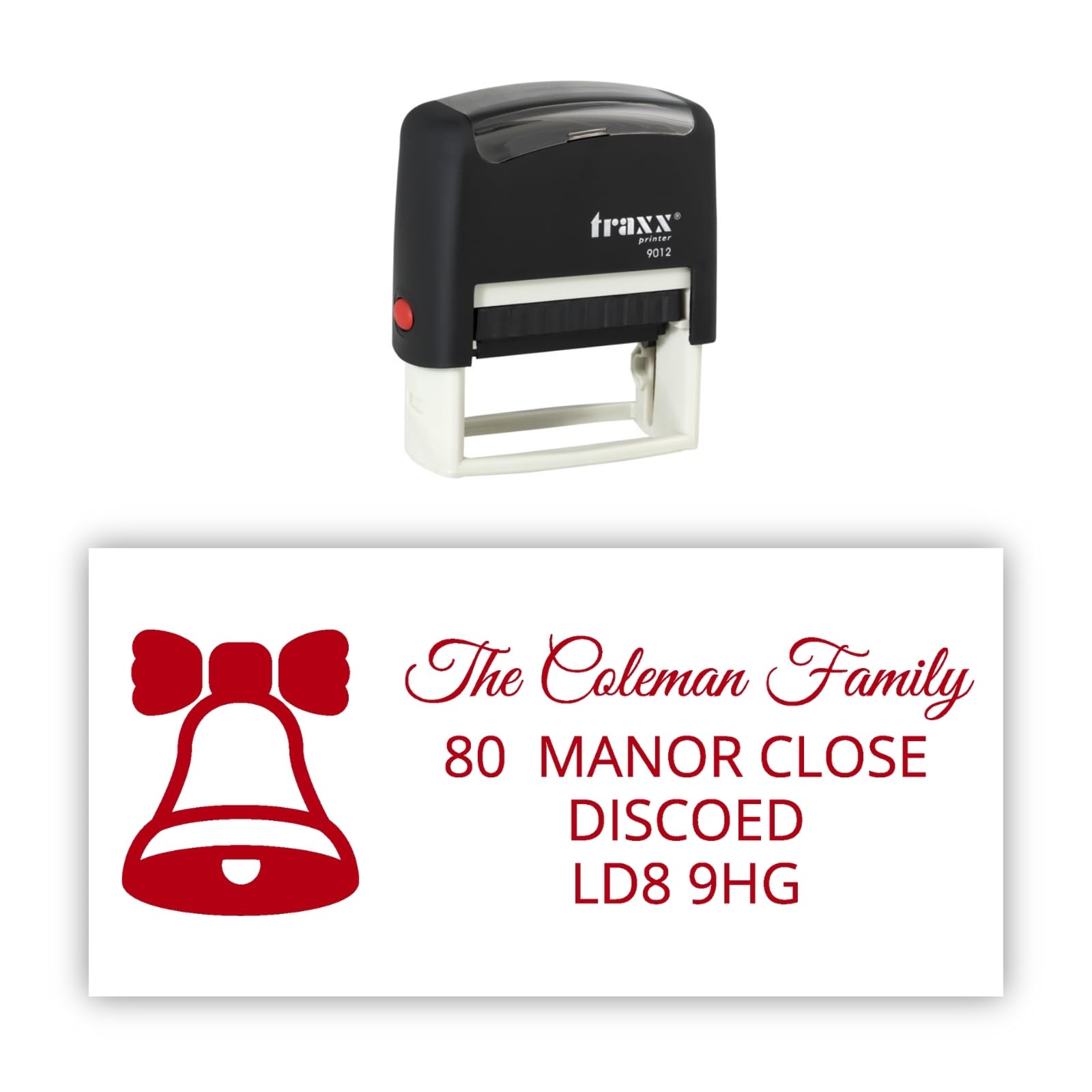 Traxx 9012 Personalised Christmas Self Inking Rubber Stamp - Christmas Bells with 4 Lines of Custom Text in Red Ink