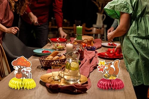 Vista 6 de Centros de mesa de Acción de Gracias, Happy FAL Ya'll 3D Honeycomb Centros de mesa de cosecha, gnomos, calabaza, naranja, letrero de otoño