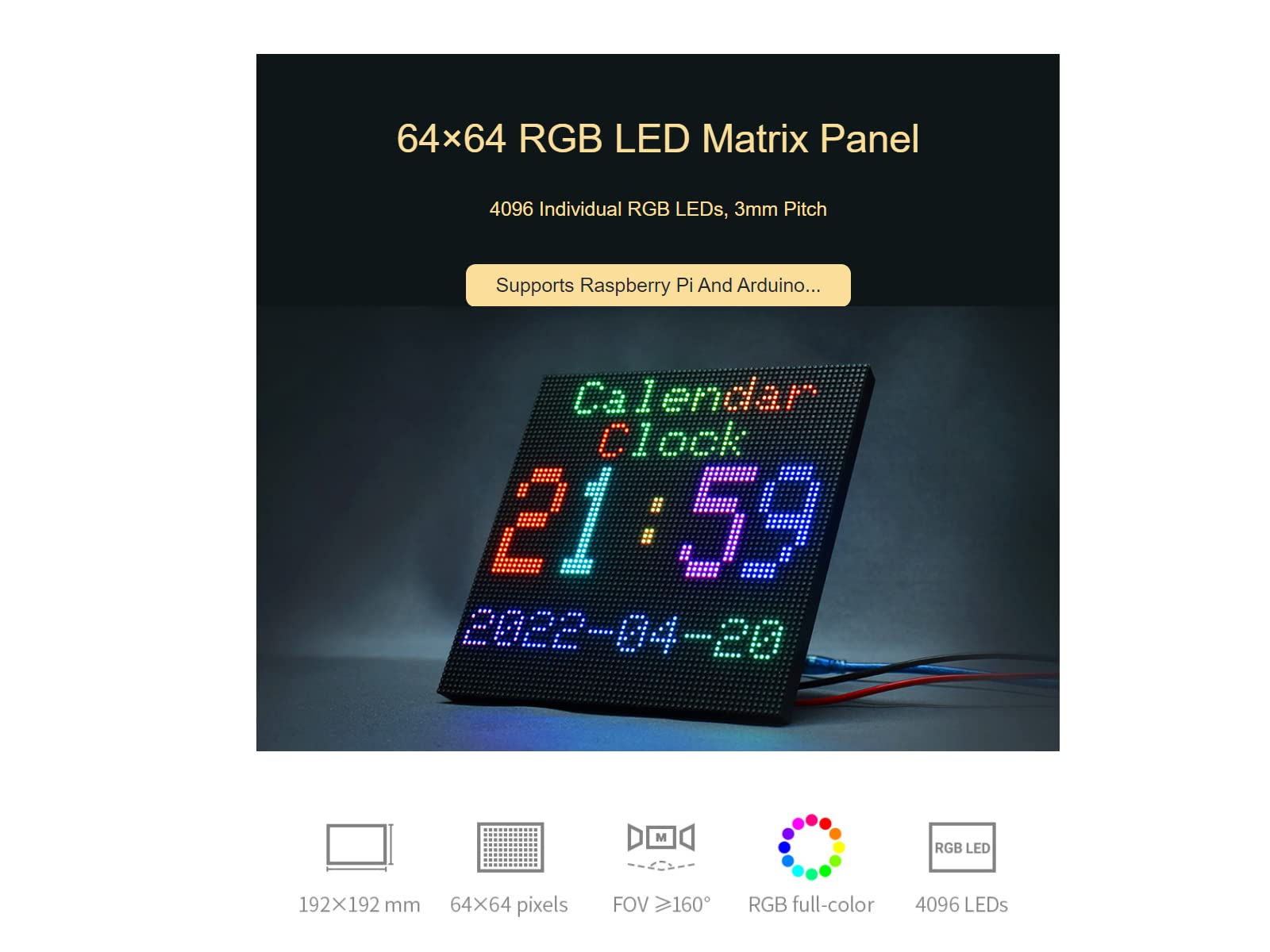 Waveshare RGB Full-Color LED Matrix Panel Display 64×64 Pixels 3mm Pitch LED Screen for Raspberry Pi, Arduino,4096 Individual RGB LEDs