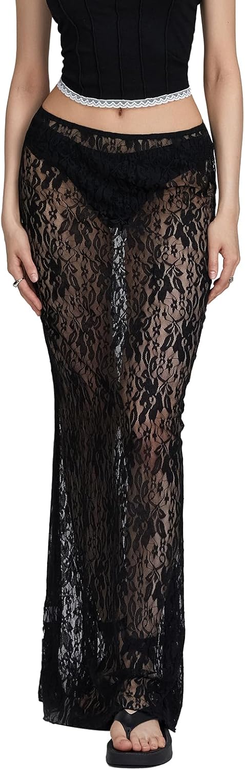 Women Lace Long Skirt Satin High Waist A-line Midi Skirt Y2K Summer Elegant Beach Party Maxi Skirts