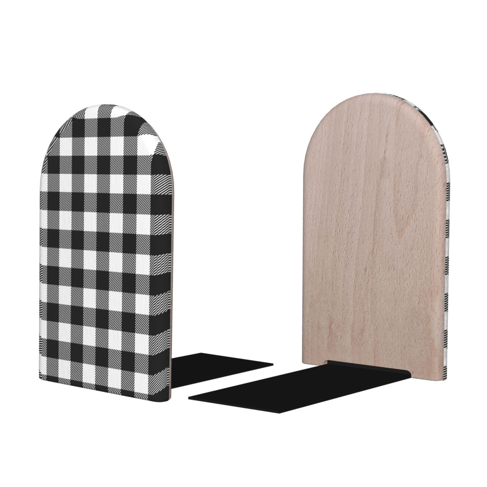 Black White Plaid Print BookEnds 1 Pair, Decorative Bookends for Heavy Books, Wood Book Ends for Shelves, Book Organizer for Home Desk Office Supplies