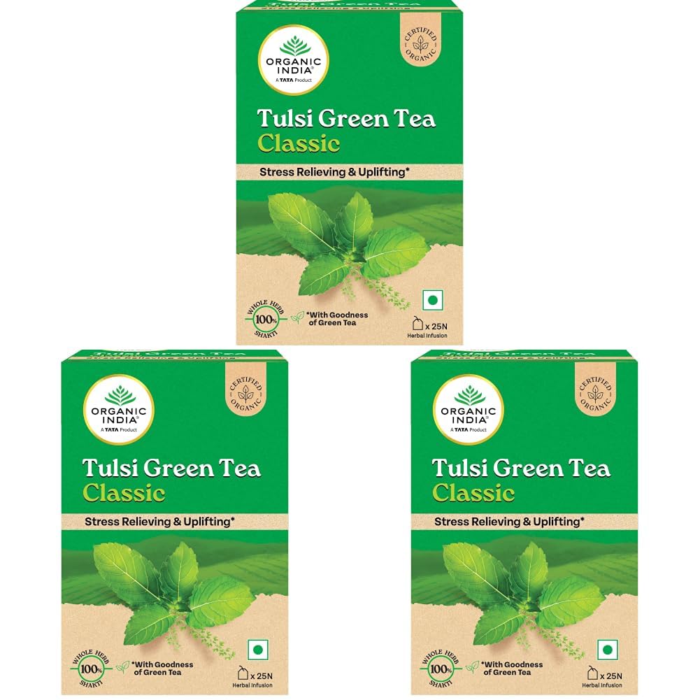 A TATA Product - Organic India Tulsi Green Tea Classic - 25 Tea Bags, Uplifts Mood, Rich in Antioxidants, Blend of Rama, Krishna & Vana Tulsi, Certified Organic (Pack of 3)-image-30