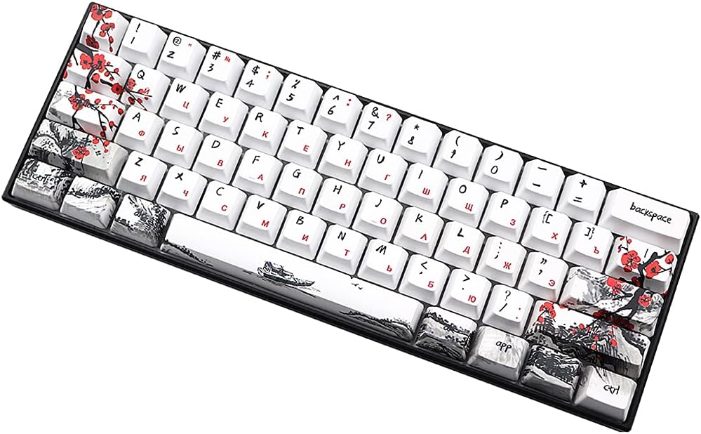 71 Keys PBT Keycaps Set - Five Sides Dye-subbed 71 Keys OEM Profile Keycaps 3 Languages for Standard Mechanical Gaming Keyboard DIY Unique Chinese Plum Blossom Theme, one size
