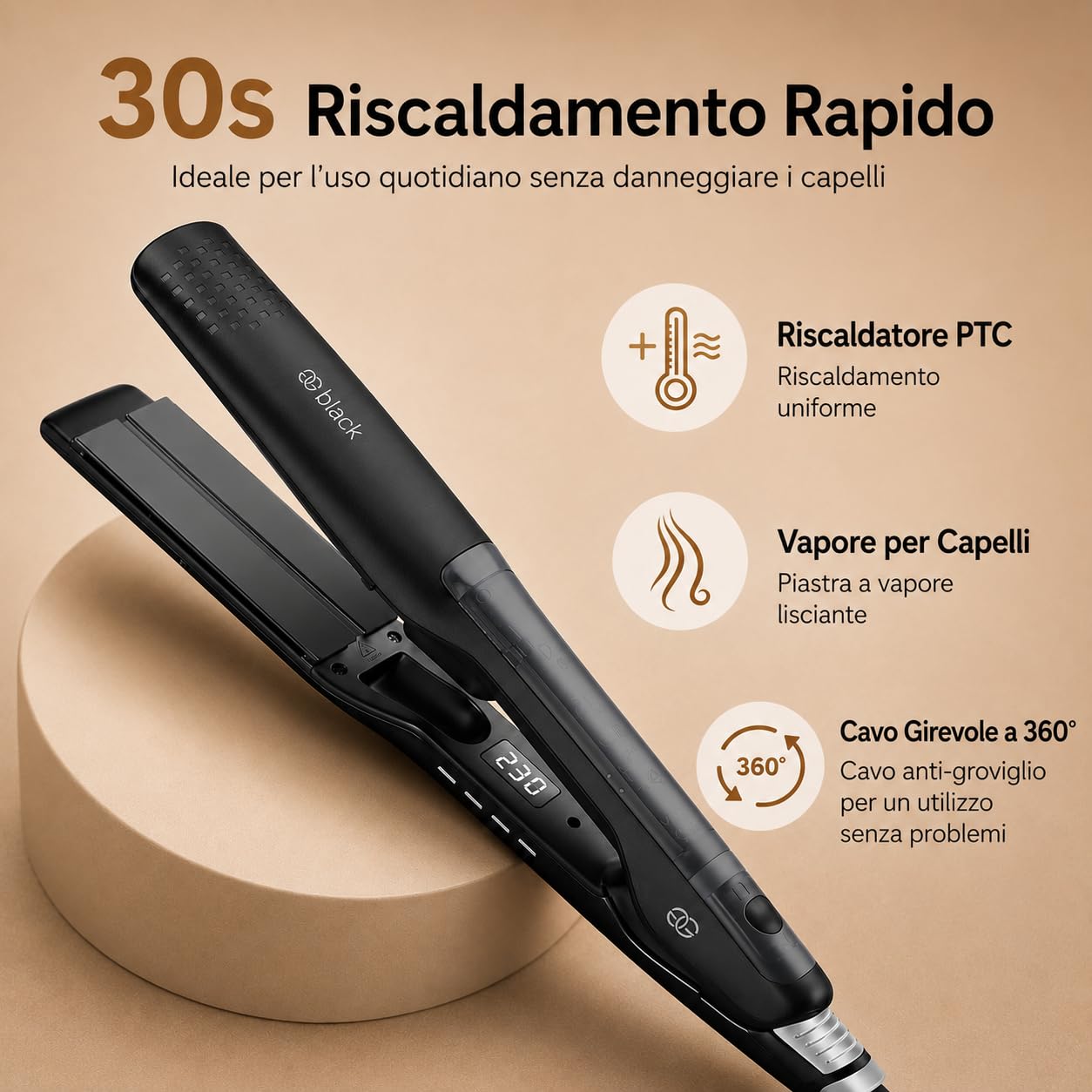 Golden Goods Piastra per capelli 2 in 1 Steampod Pro Vapore potente, Steampod Black Edition per capelli lisci e ricci, piastra capelli