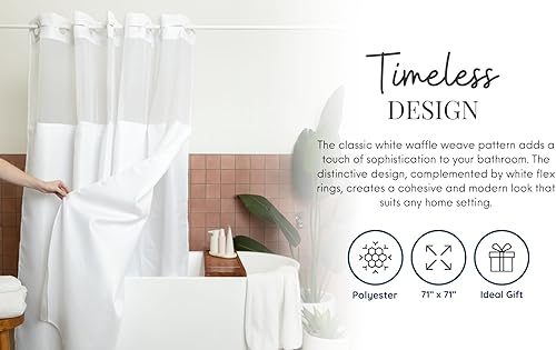 Miniatura 6 de Cortina de ducha sin gancho con forro a presión, 71 x 71 pulgadas, cortina de ducha de una pieza de tejido de gofre blanco, sin ganchos con forro,