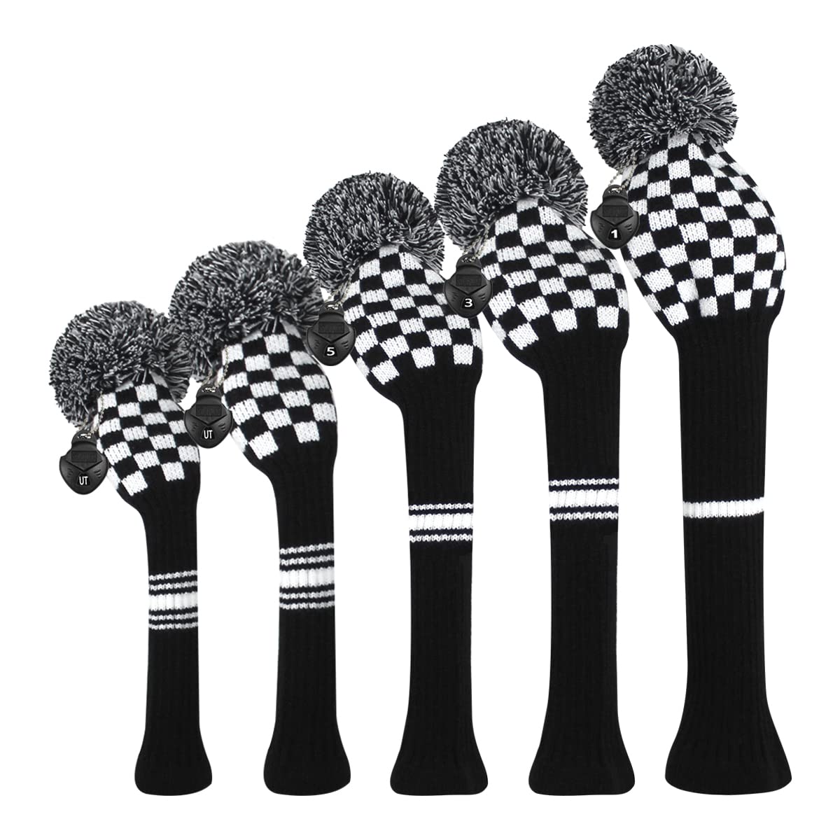 Scott Edward Knitted Golf Club Cover for Woods and Drivers Headgear Protects Driver's Wood (460cc), Fairway Wood and Hybrid/UT with Rotating Club Number Plates (Black and White)