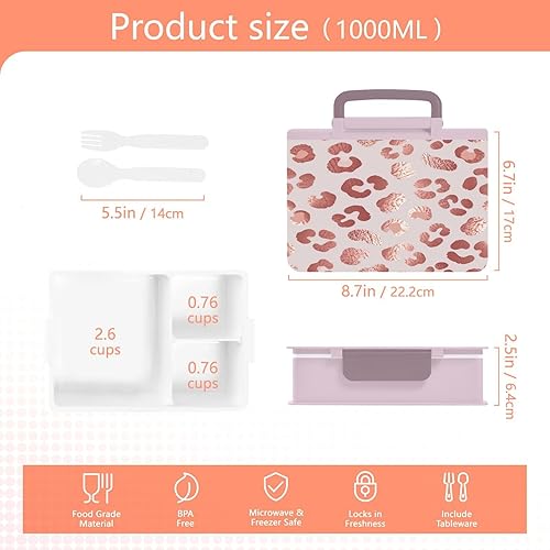 Miniatura 3 de Kcldeci Lonchera Bento de oro rosa con estampado de leopardo, caja Bento con contenedores para almuerzo, caja de almuerzo para niños pequeños, niños