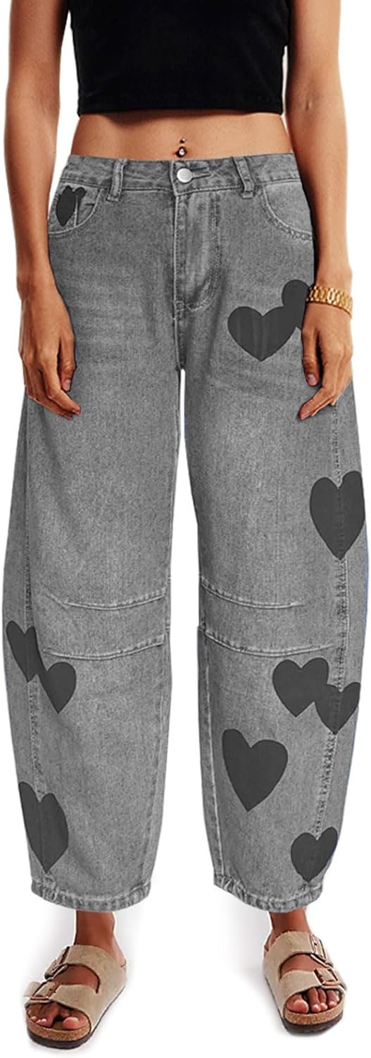 Barrel Jeans for Women Mid Rise Heart Printed Denim Ankle Pants Vintage Baggy Boyfriend Jeans