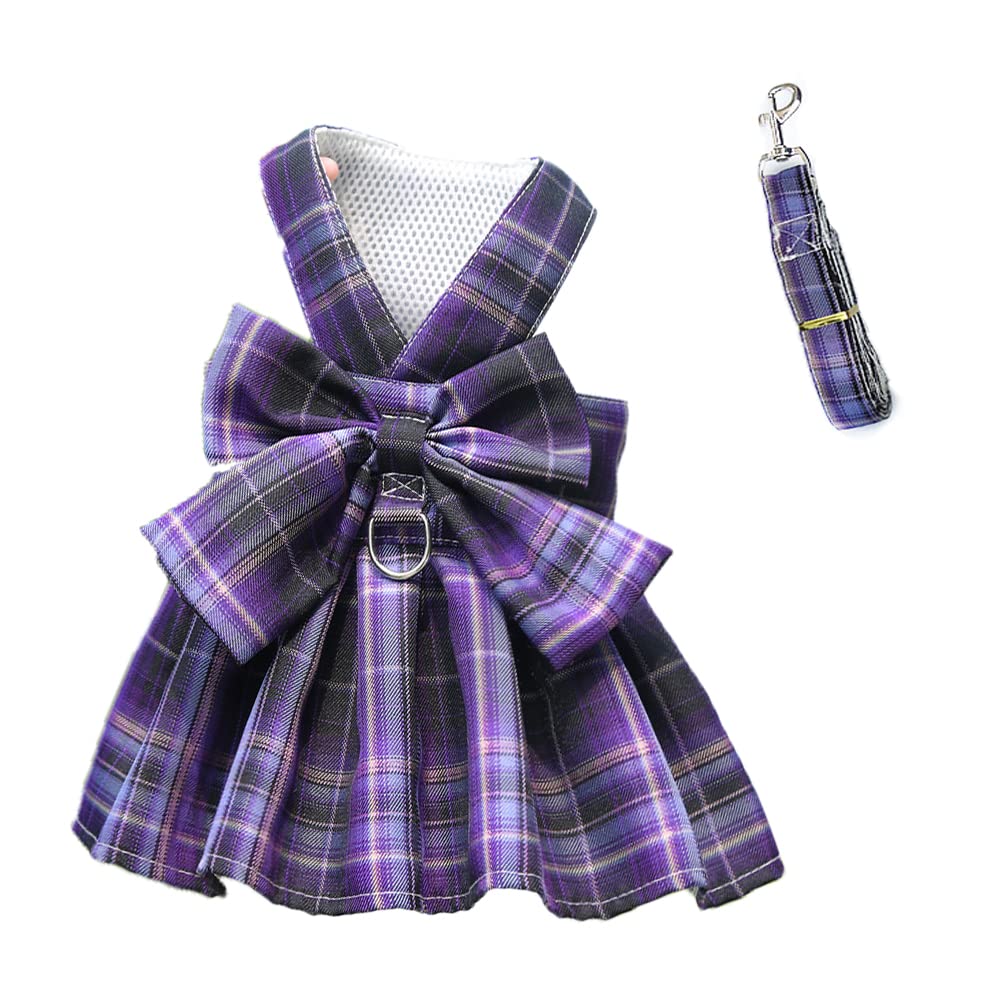 LtuzPet Plaid Dog Dress Bow Tie Harness Leash Set Princess Dog Wedding Dress Puppy Clothes Summer Dog Skirt for Small Medium Dogs Cats Girls