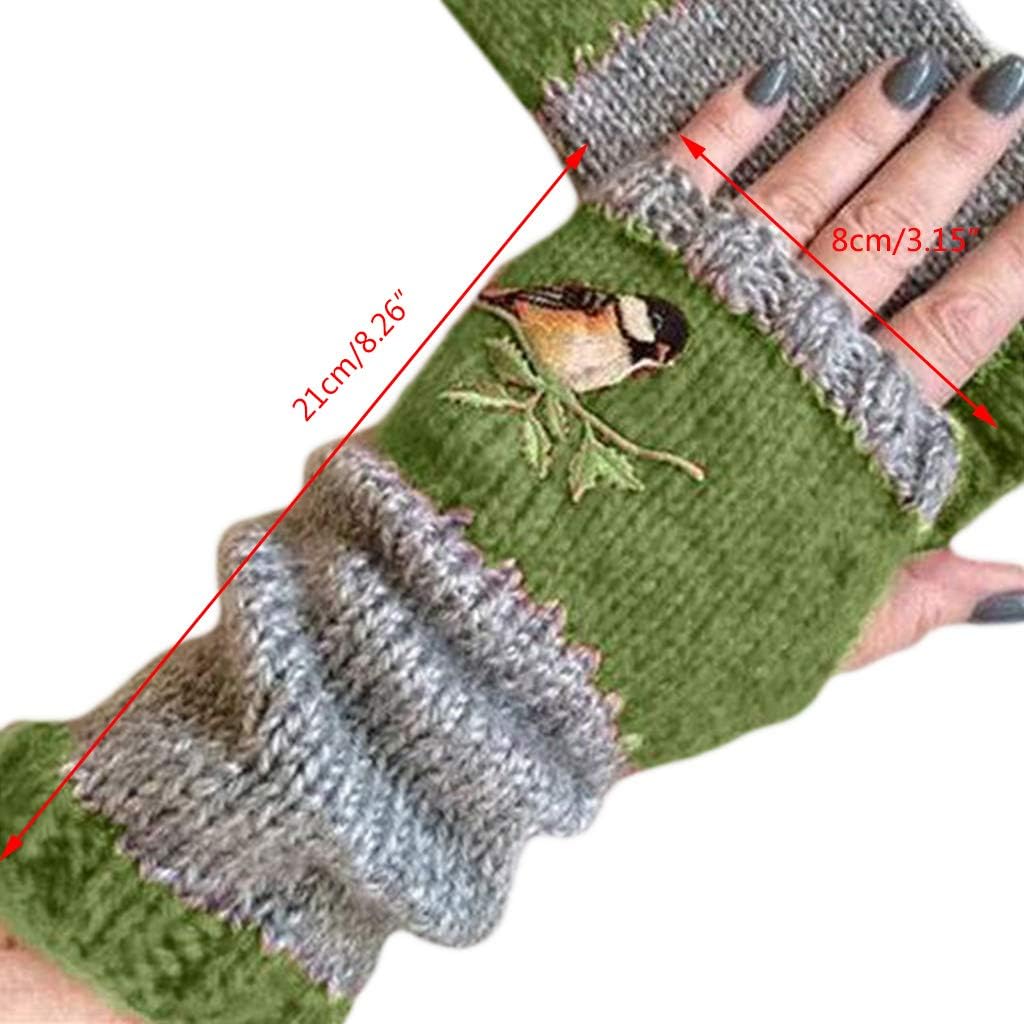 Wrist Warmers, Women Winter Knitted Fingerless Gloves Bird Embroidered Color Block Splice Half