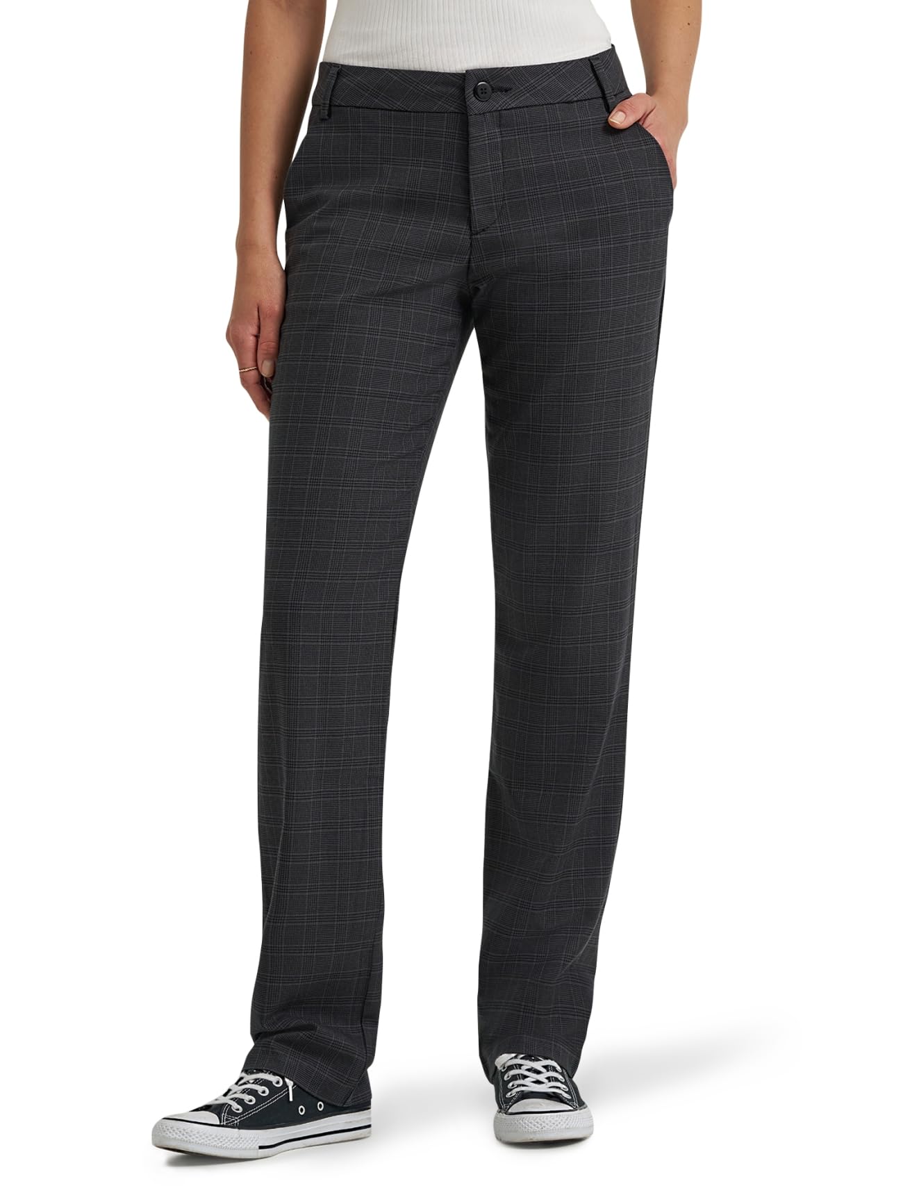 Lee Damen Wrinkle Free Relaxed Fit Straight Leg Pant Hose, Schwarz/statisches graues Karomuster, 44 Kurze Schlauch