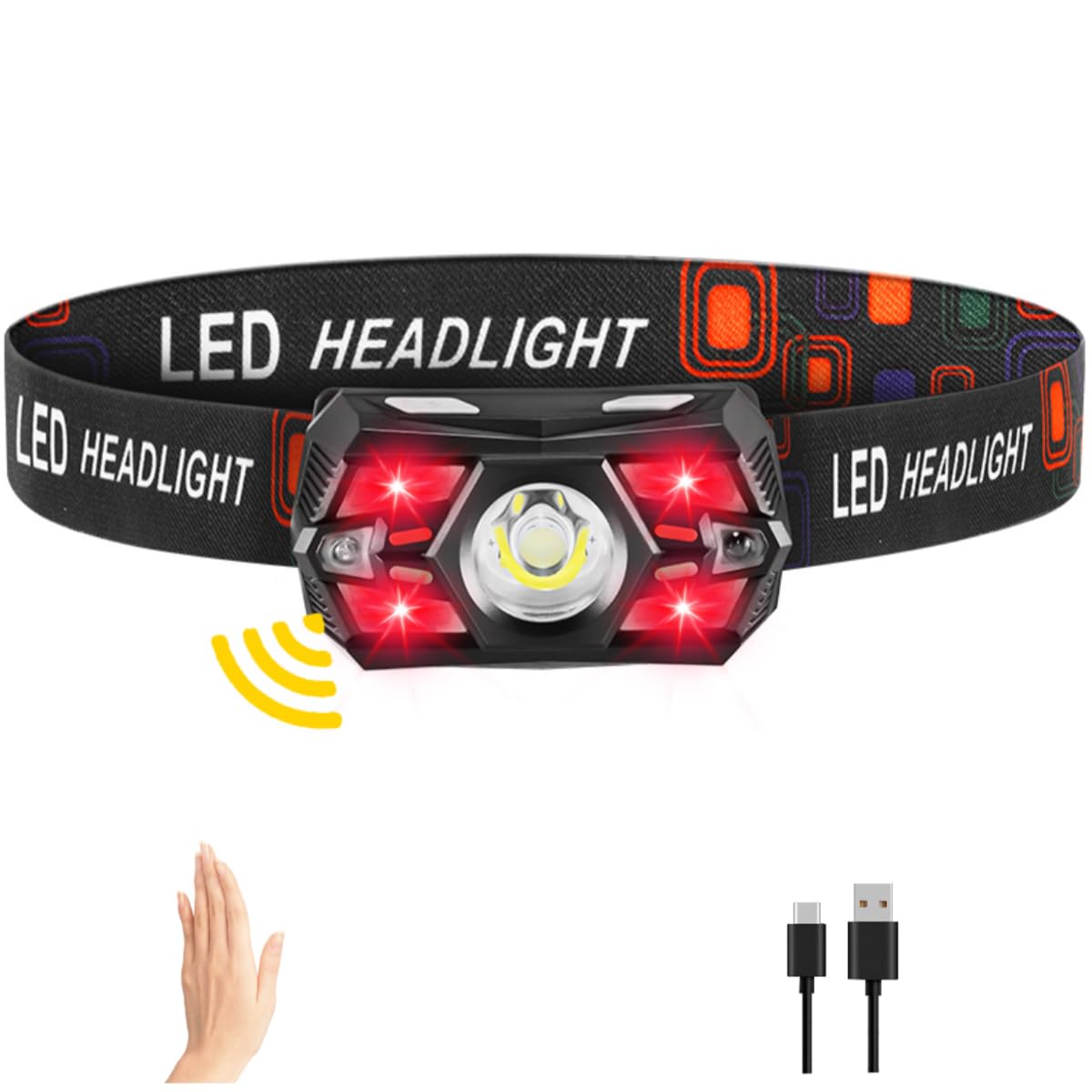1Pack Headlamp Rechargeable, Head Lamps LED Rechargeable, LED Headlight with Motion Sensor, Head Lights for Forehead with Red Light, Headlamps for Adults Kids Camping Essentials Running
