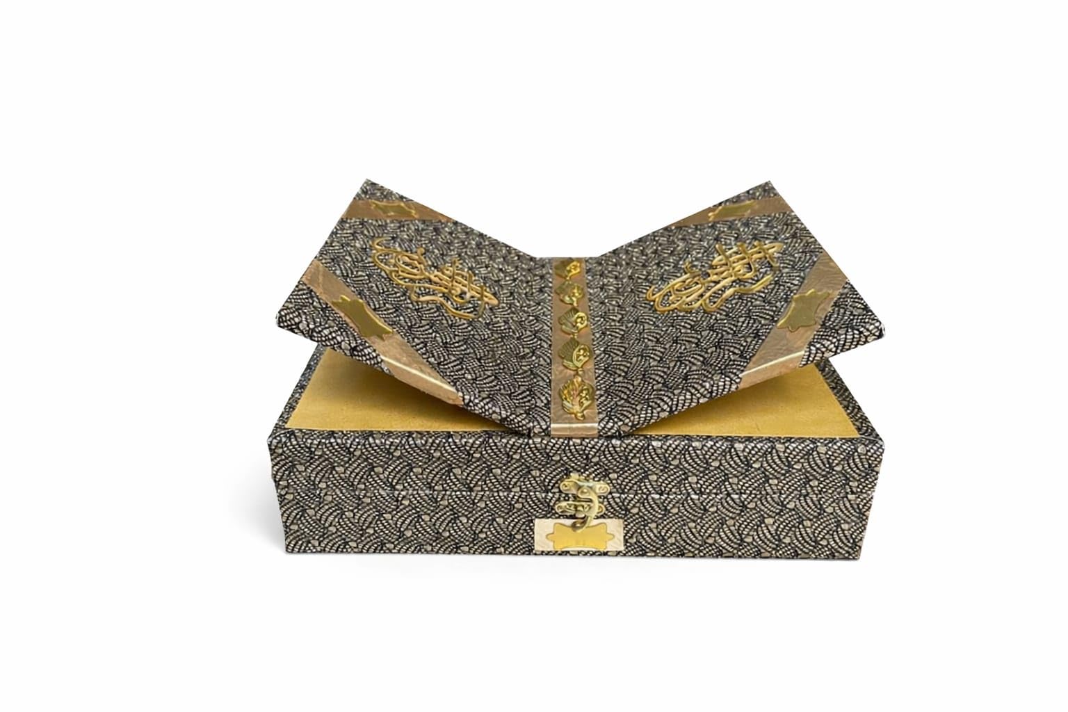 Luxury Handcrafted Islamic Quran Box with Integrated Rehal Book Stand – Decorative Wooden Keepsake Chest with Gold Calligraphy and Intricate Pattern Finish – Premium Eid & Ramadan Gift Idea