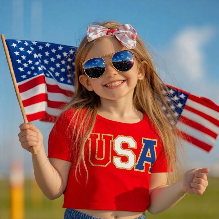 HH Family 4th of July Shirts for Girls Patriotic Crop Top USA Flag Letters Short Sleeve Tops3