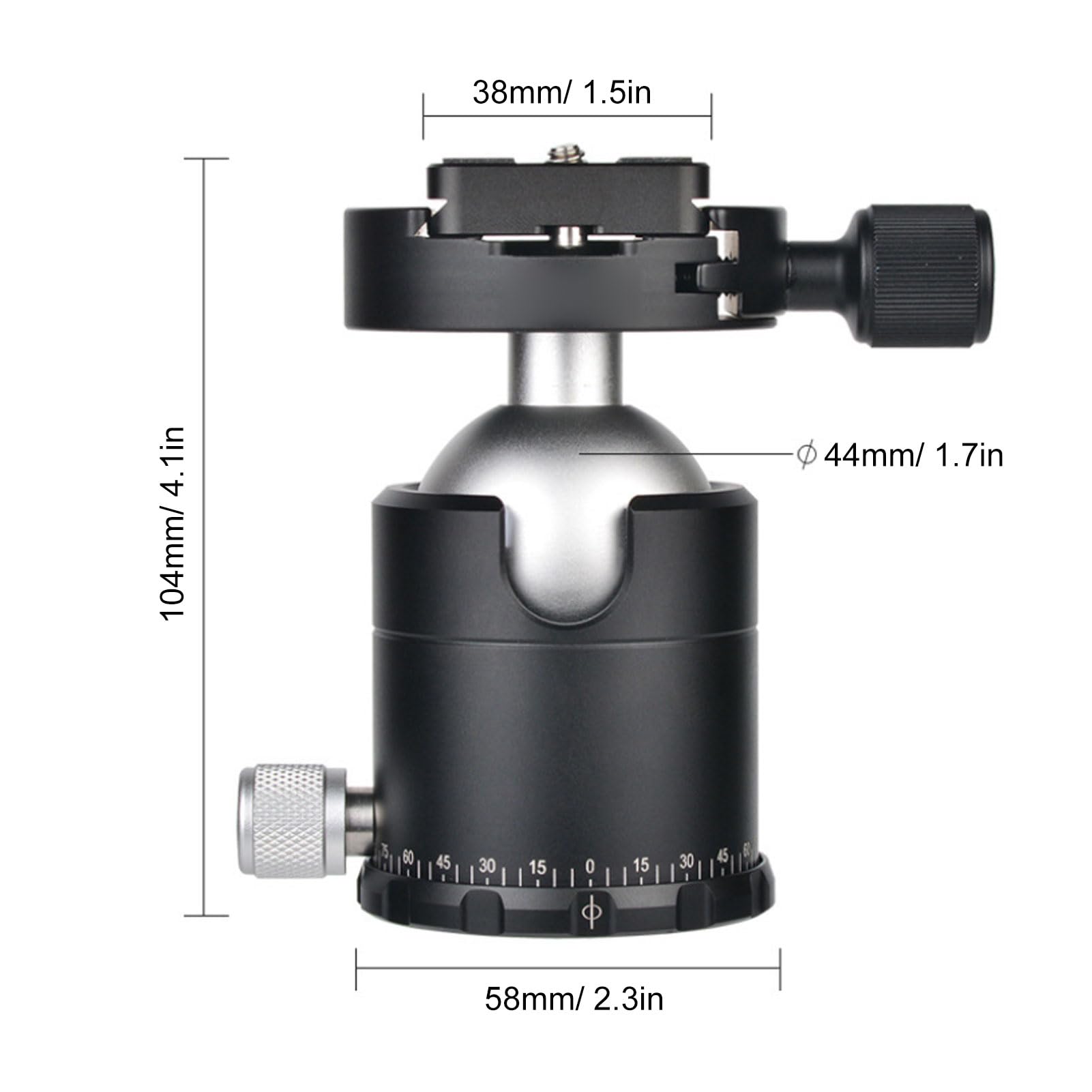 GOWENIC Testa a Sfera per Treppiede da 44 Mm, Testa a Sfera per Montaggio su Treppiede Panoramico per Fotocamera e Base Doppia Filettata con Piastra QR e Livella a Bolla, per Monopiede