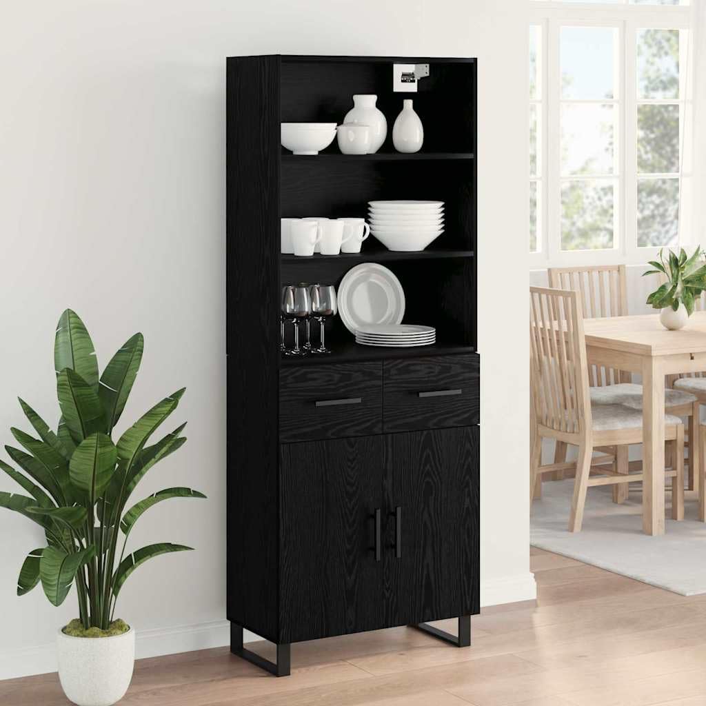 Meuble haut noir aspect chêne 69,5 x 34 x 180 cm avec 2 portes, 4 étagères et 2 tiroirs, buffet moderne pour salon, salle à manger, bureau avec beaucoup d'espace de rangement et