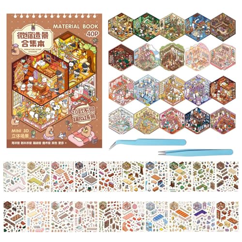 Libro adesivo per adulti con scene artigianali 3D, adesivi creativi in miniatura, libro di scene fai da te per adulti, set da 40 adesivi riutilizzabili, regali per donne, adolescenti, bambini, ragazze