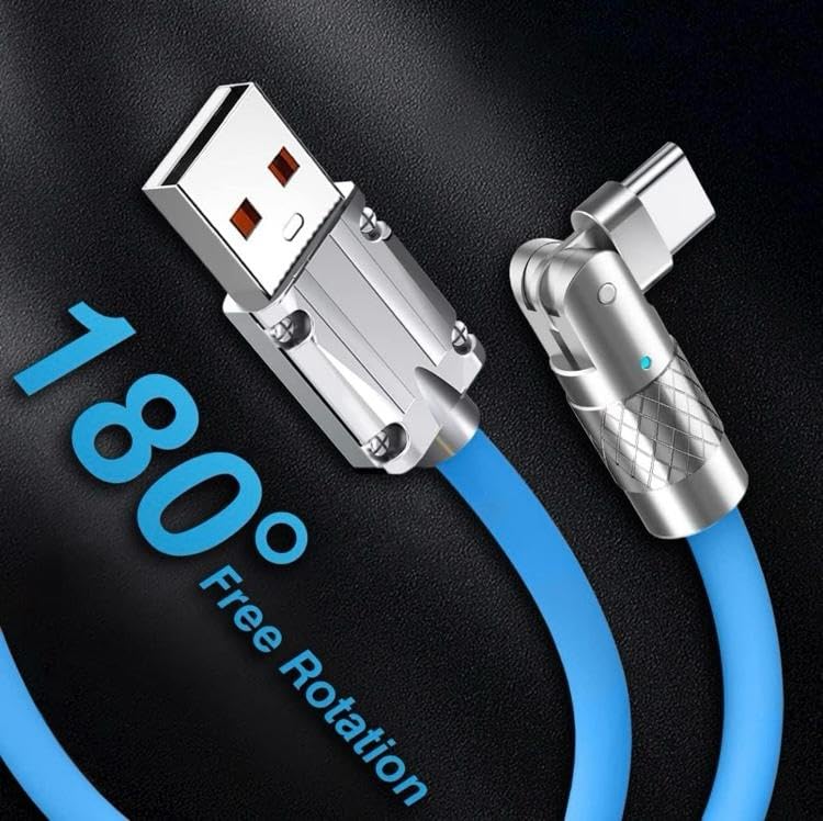 Image of 120W Fast Charging USB to Type-C Cable with 180 Rotating Head - Zinc Alloy Metal Connector, Heavy Duty Silicone Braided Data Sync Cord for Gaming & Smartphones (Blue)