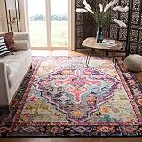 SAFAVIEH Boho Chic Teppich für Wohnzimmer, Esszimmer, Schlafzimmer - Monaco Collection, Kurzer Flor, Grau und Fuchsia, 155 X 231 cm