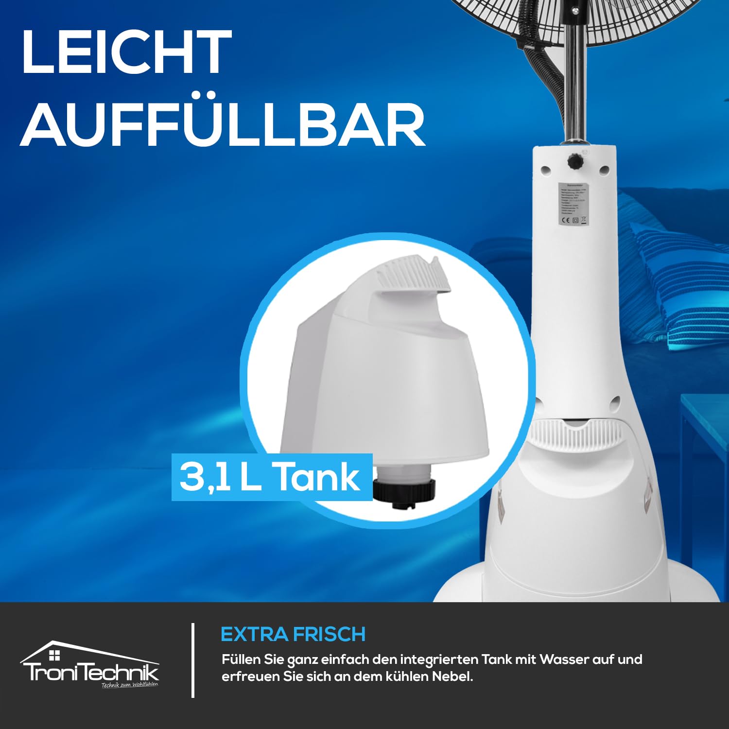 Tronitechnik® Standventilator mit Wasser, Ventilator mit Wasserkühlung Sprühnebel Raumbefeuchter, Fernbedienung, 90 Watt, Oszillierend, 3 Stufen, Timer, 3 Luftmodi, sehr leise, Schlafzimmer & Büro