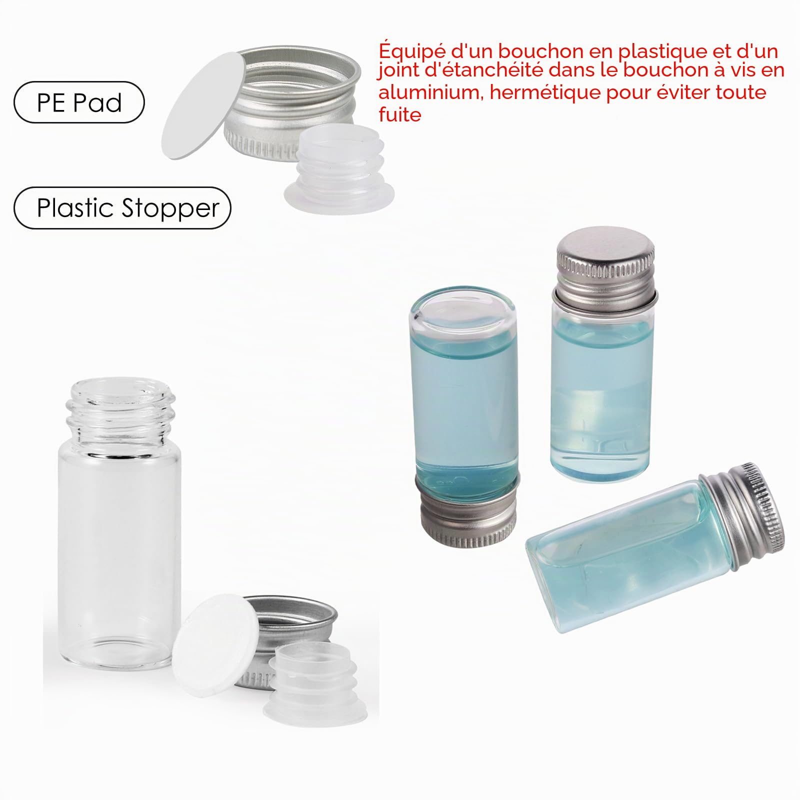 10ml Glass Vials with Screw Caps and Plastic Stoppers, Small Clear Liquid Sample Vial, Leak-Proof Vial, 50PCS