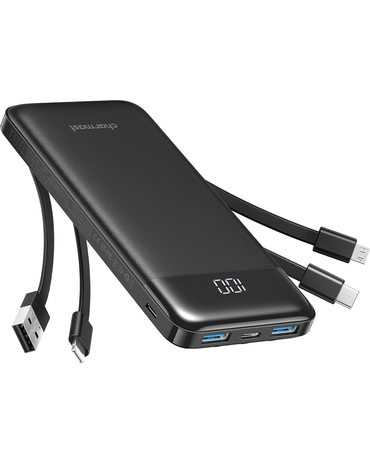 Charmast Power Bank with Built in Cable, 10000mAh USB C Battery pack 6 Outputs 2 Inputs with LED Display Type C Powerbank Portable Charger Compatible with Smartphones Tablets and More