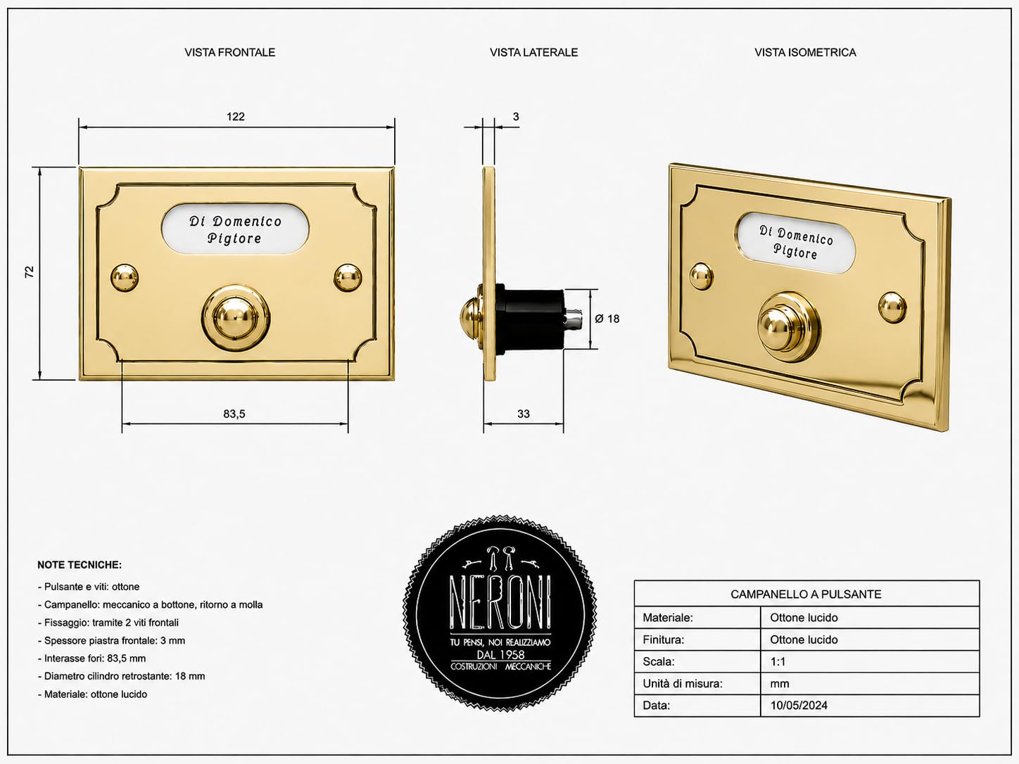 Neroni Mameli Campanello in Ottone Lucido per Esterno abitazione - Porta Ingresso Casa, con Pulsante Elettrico - Modello Ottaviano - Made in Italy