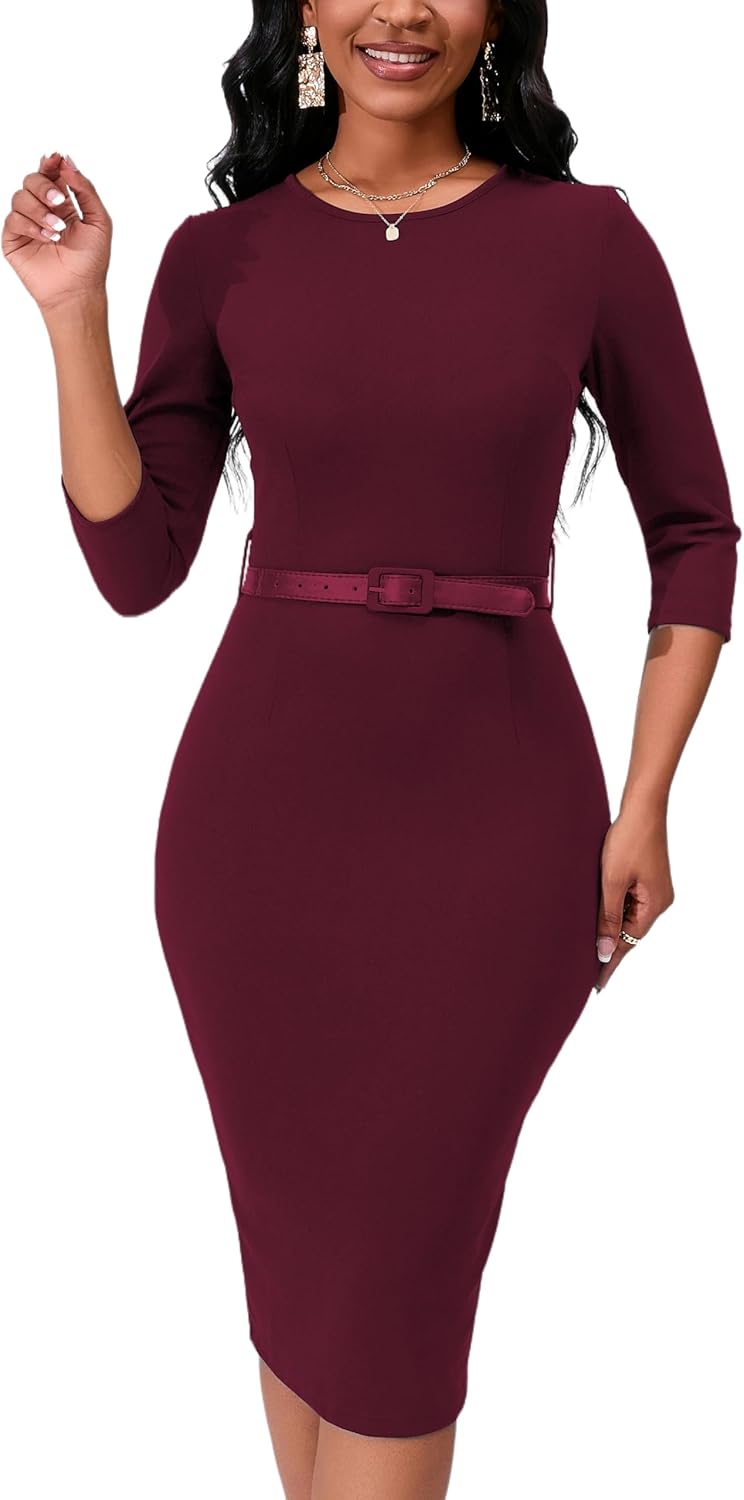 Womens 1950s Vintage Bodycon Pencil Midi Dress 3/4 Sleeve Work Church Knee Length Sheath Dress with Belt Belt - Image 2