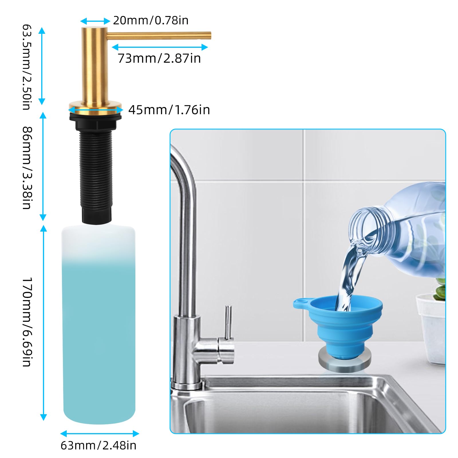 Dispensador de jabón para platos, fregadero de cocina, boquilla larga, bomba dispensadora de jabón, repuesto desde la parte superior, cabezal de bomba de metal con botella líquida grande de 17 onzas,