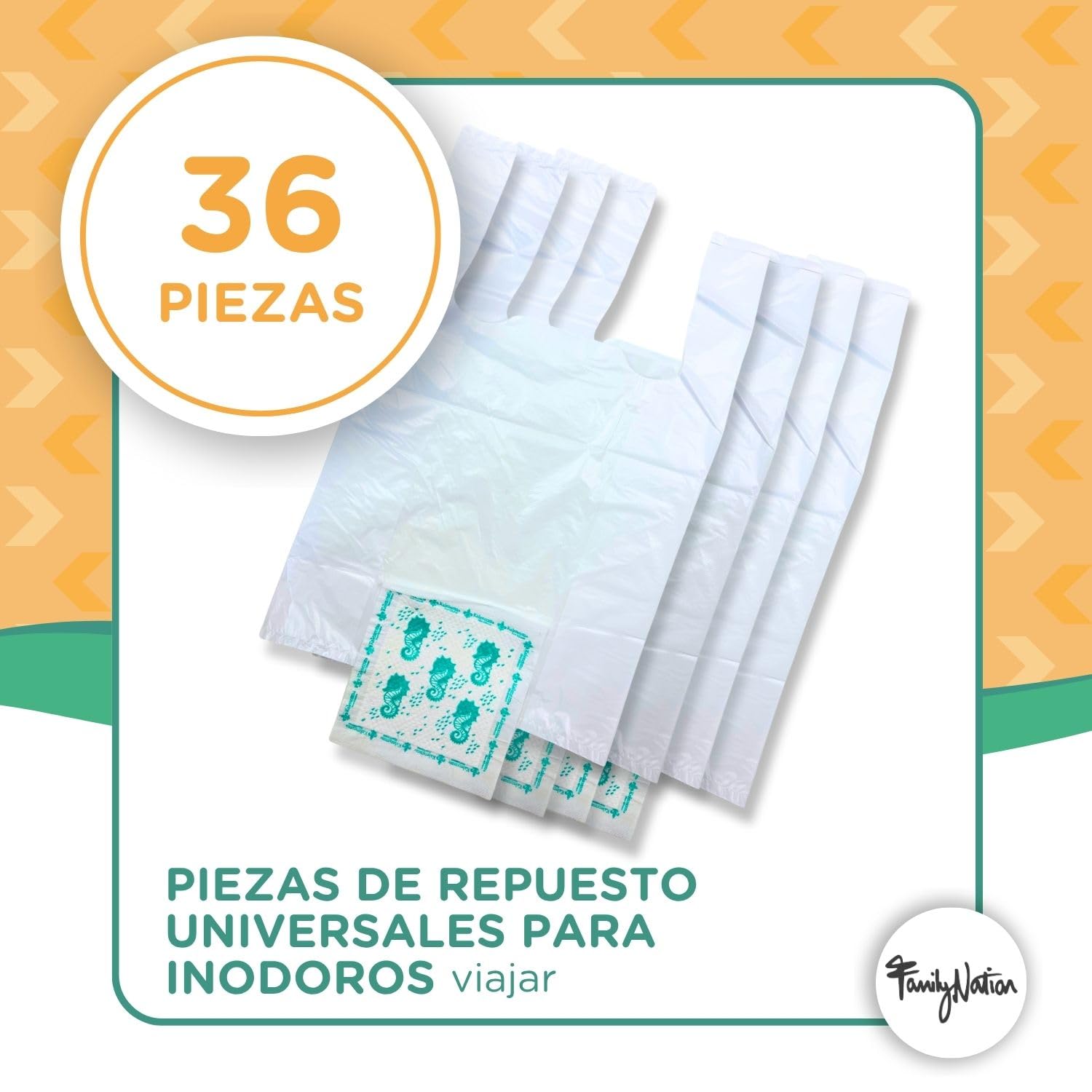 Family Nation, 36 Recambios Orinal Portátil de Viaje para Niños, Bolsas Desechables Universales y Súper Absorbentes, Adecuadas También para Potette Plus, Anti-Olor y 100% Biodegradables, 45,2x29,5 cm