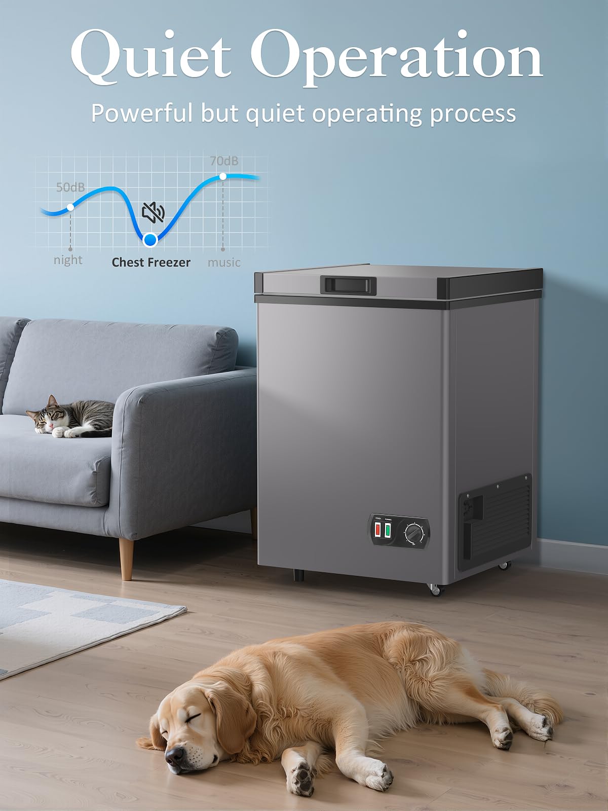 3.5 Cu.Ft Small Chest Freezer With Removable Storage Basket, 7 Adjustable Temperature Controls, Mini Deep Freezer With Top Open Door, Ideal For Kitchen Garage Office Dorm Apartment, Grey on Fridge.com - View 4