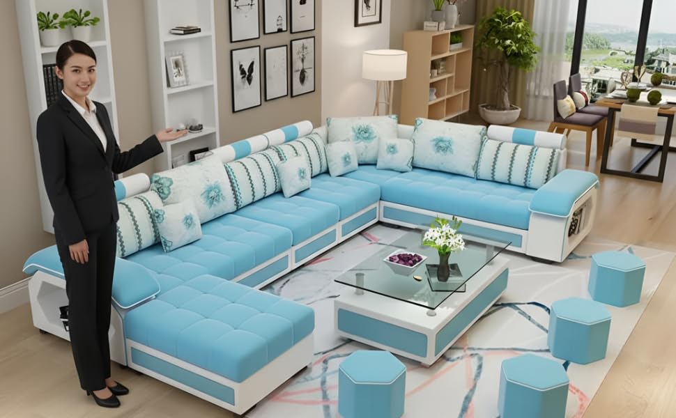 Image of Brown Maple U-Shape Sectional Sofa Set for Home | 10-Seater Fabric Sofa with Tea Table & 4 Puffy | Spacious Seating for 14 Persons | Pre-Assembled, Modern Comfort Design(SkyBlue)