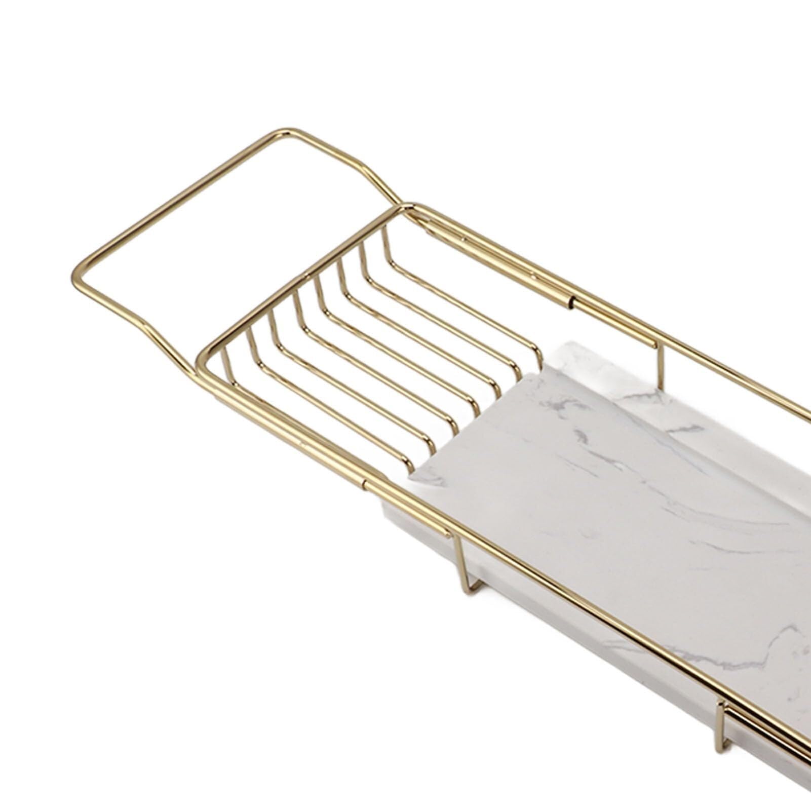 Estante para bañera – Bandeja de mesa para lavabo para champú y artículos esenciales – Almacenamiento de baño de alambre ajustable, color dorado y blanco
