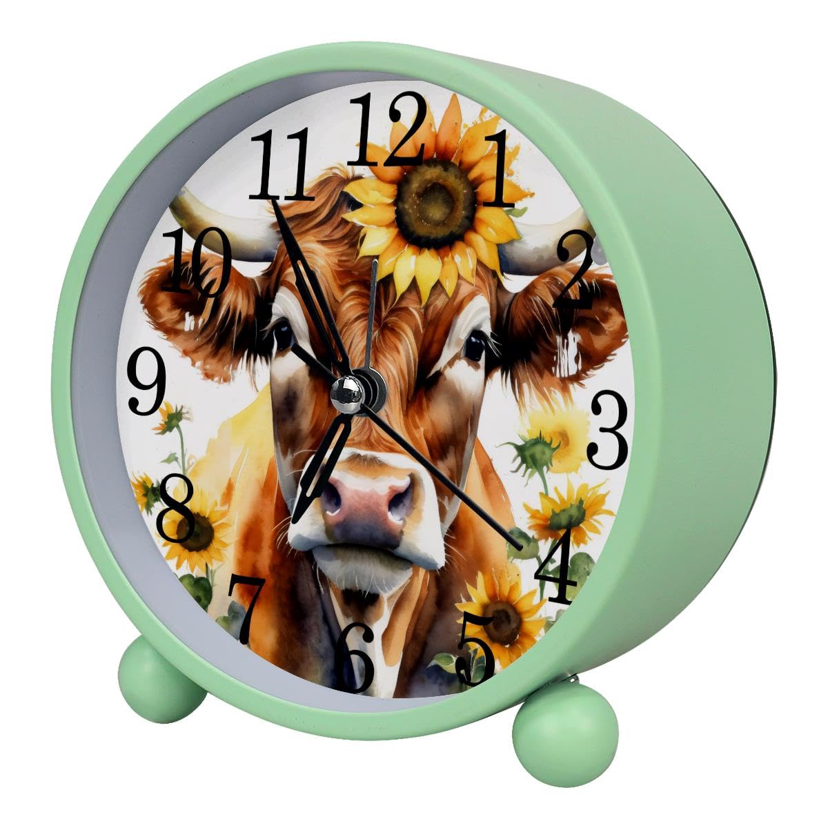 Alarm Clock Cow with Sunflowers, Silent Non-Ticking with Night Light
