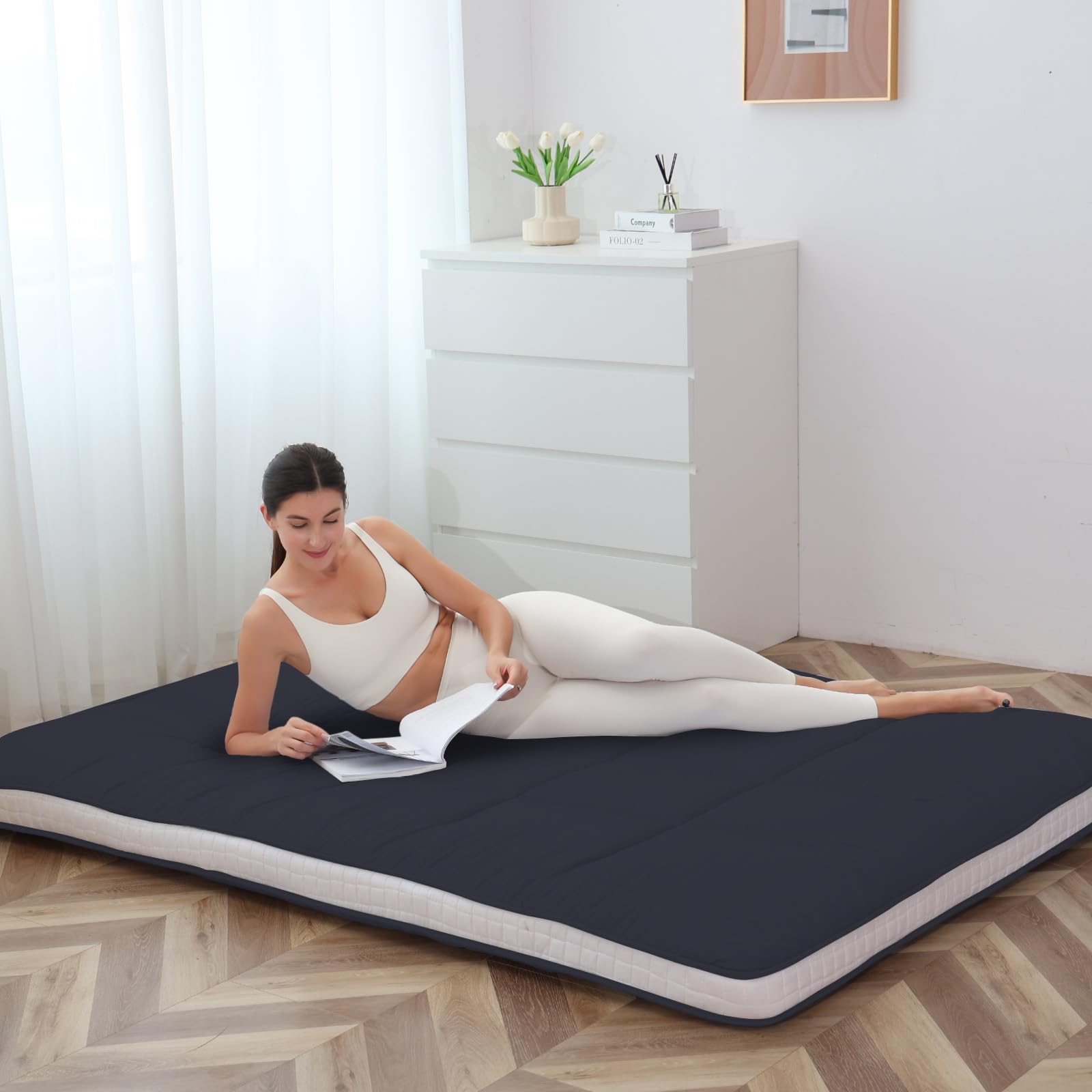 Matelas futon japonais, matelas de sol japonais, très épais et pliable, matelas de couchage en mousse à mémoire de forme pour adultes, tatami adapté pour le camping et les invités, noir diamant