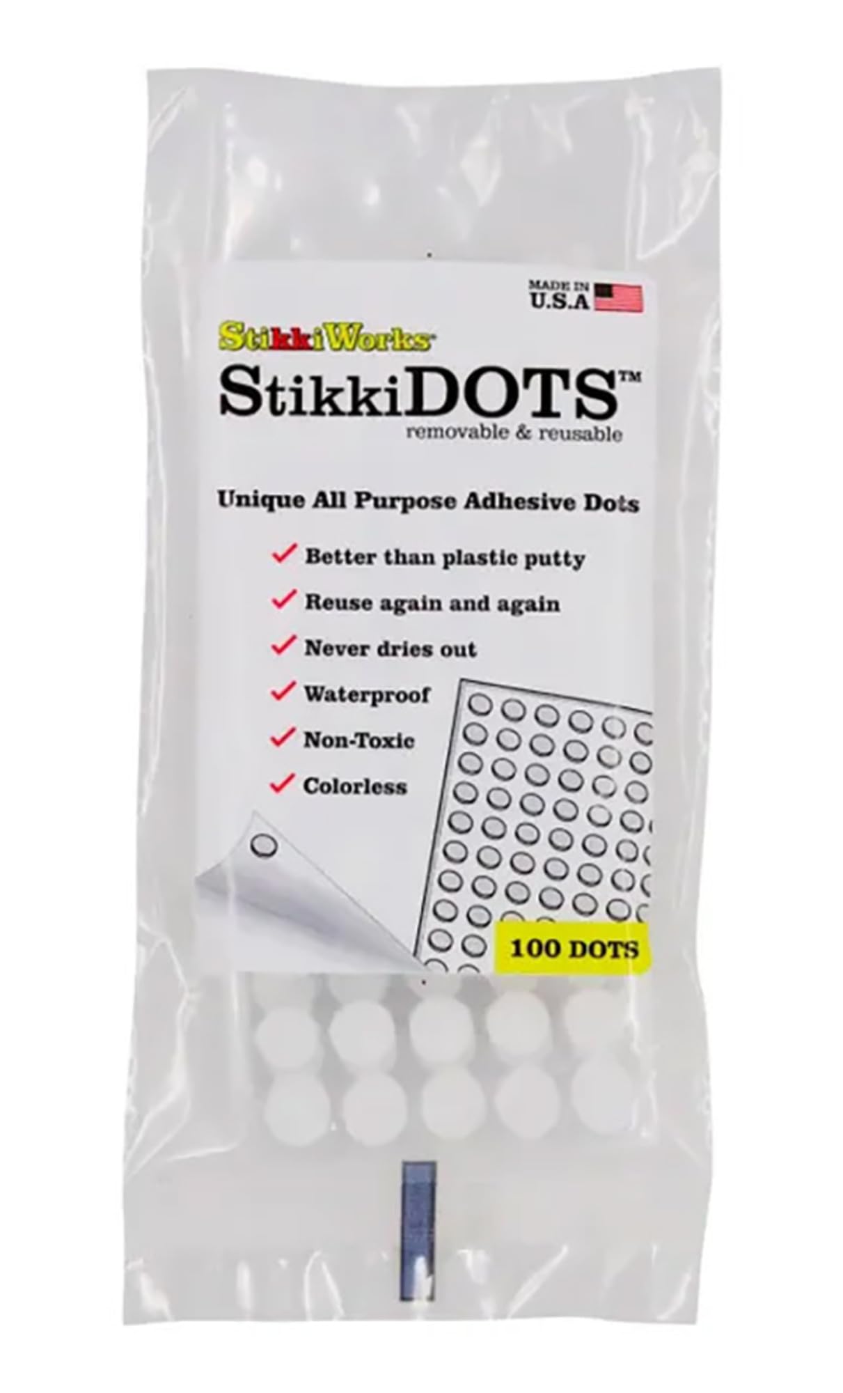 StikkiWorks Stikki Dots Mounting Adhesive, Reusable and Removable, Colorless, Pack of 100