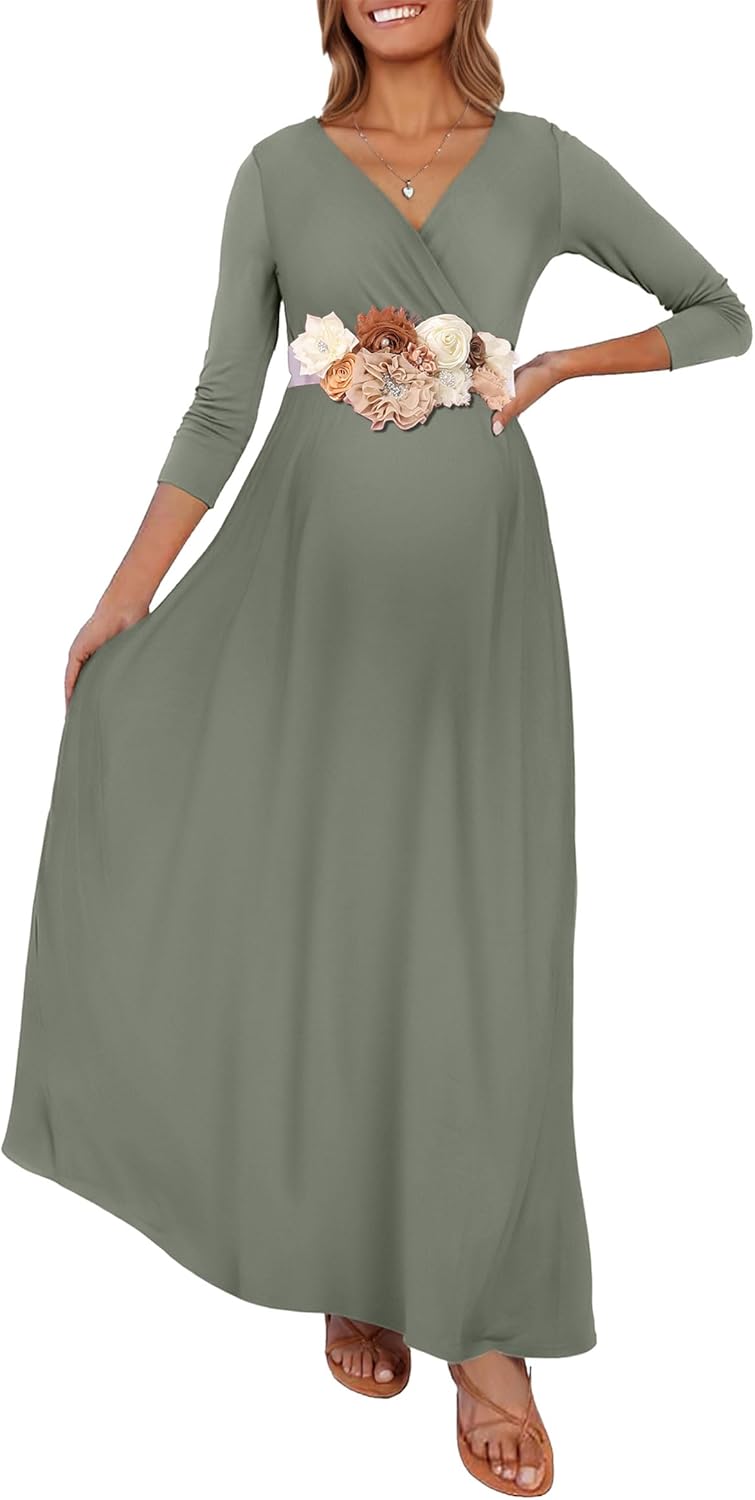 KIM S Maternity Maxi Dress with Flower Sash(S-3XL)/Wrapped Ruched V Neck Photoshoot Baby Shower Dresses