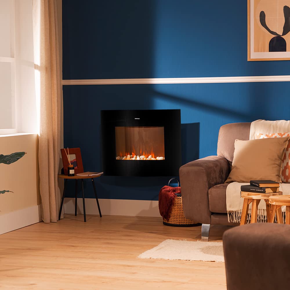 Cecotec Dekoracyjny kominek elektryczny 35 "z pilotem i Wi-Fi ReadyWarm 3560 Curved Flames Connected. Maksymalna moc 2000 W, 2 natężenia, zakrzywiony panel ze szkła hartowanego, regulowany płomień