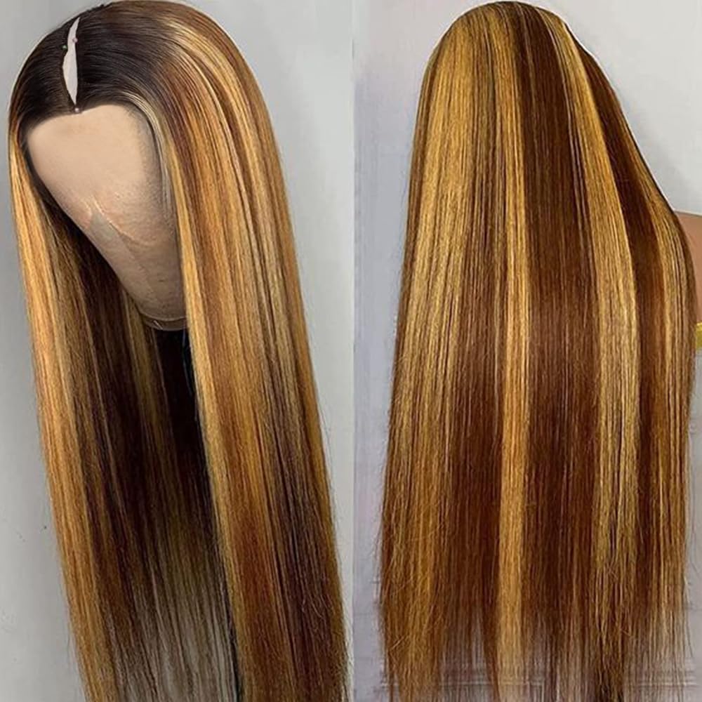 Highlight Ombre V część peruki ludzkie włosy proste balejaż blond U część peruki 180% gęstości bez kleju klips w połowie peruki dla czarnoskórych kobiet 61 cm #T1BP4/27