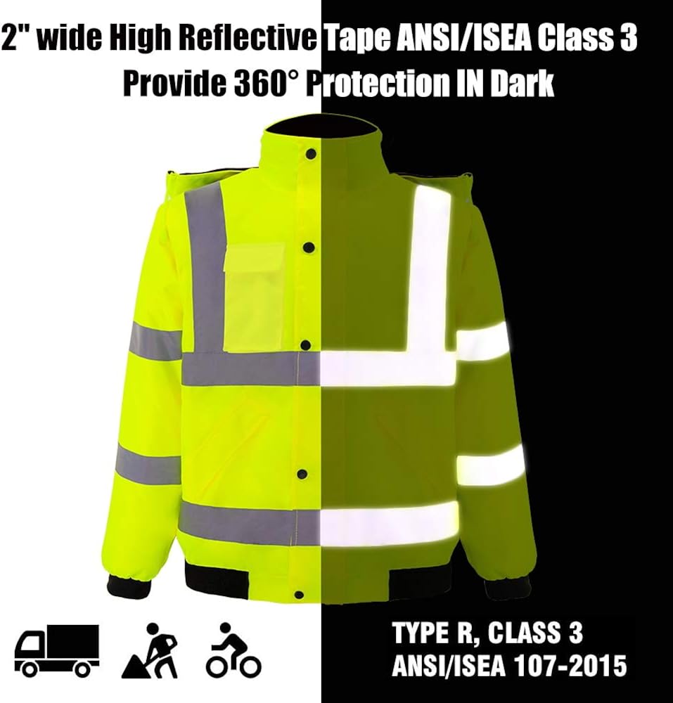 SMASYS Hi-Viz Quilted Padding Safety Jacket, Full-Zip with Detachable Hood Waterproof Construction Workerwear : Tools & Home Improvement