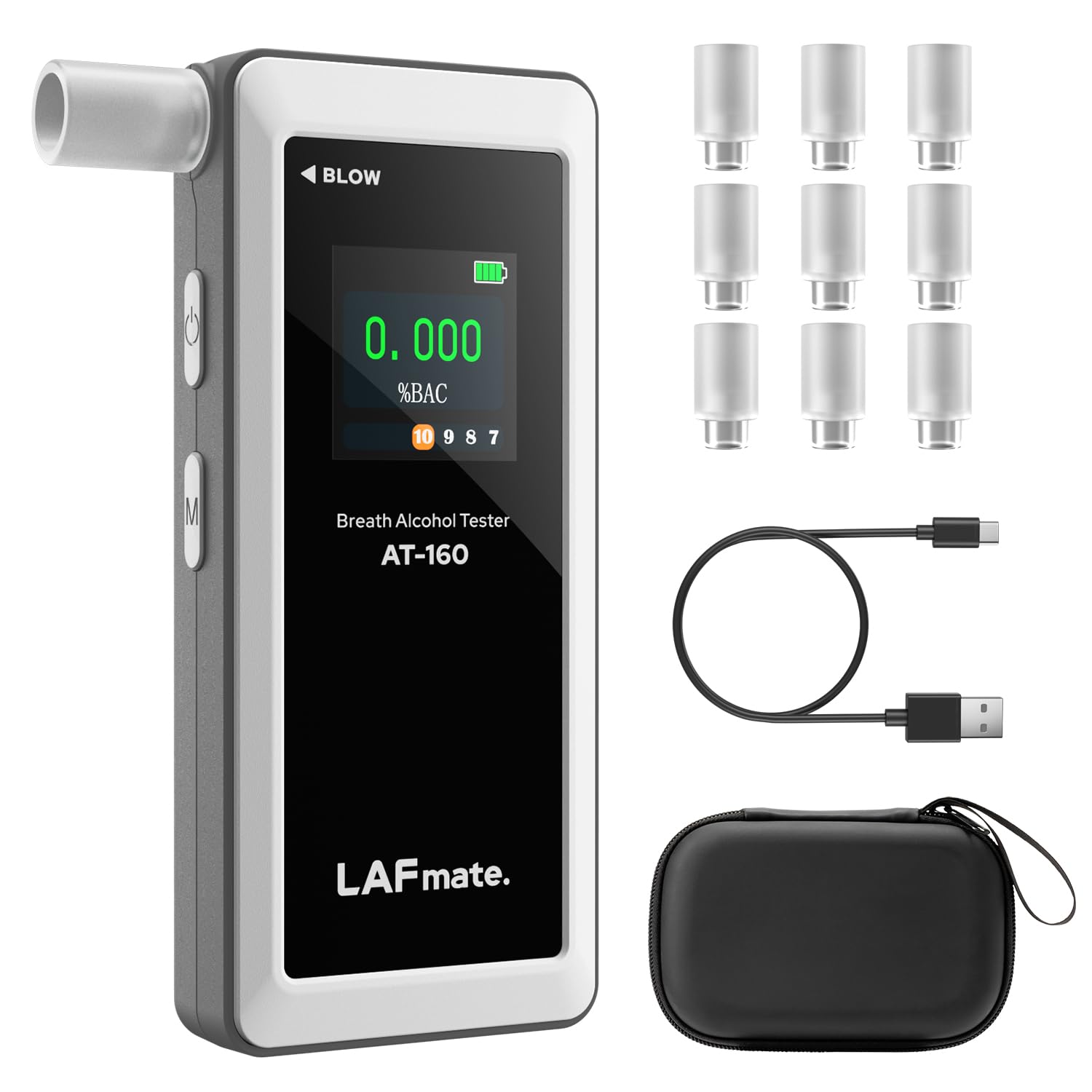 Alcoholímetro AT-160, Alcoholímetro de Alta Precisión con Umbral de Alarma Ajustable, Pantalla LCD, Memoria de Pruebas y 10 Boquillas Incluidas – Ideal para Uso Doméstico