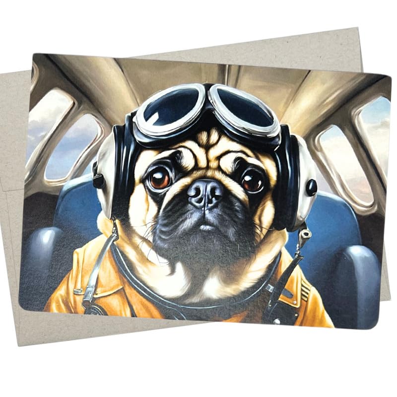Whitman and Daughter Pug Airplane Pilot Birthday Card (1 Premium Card, 5X7 Inch) dog card blank for every occasion like retirement, thank you, or