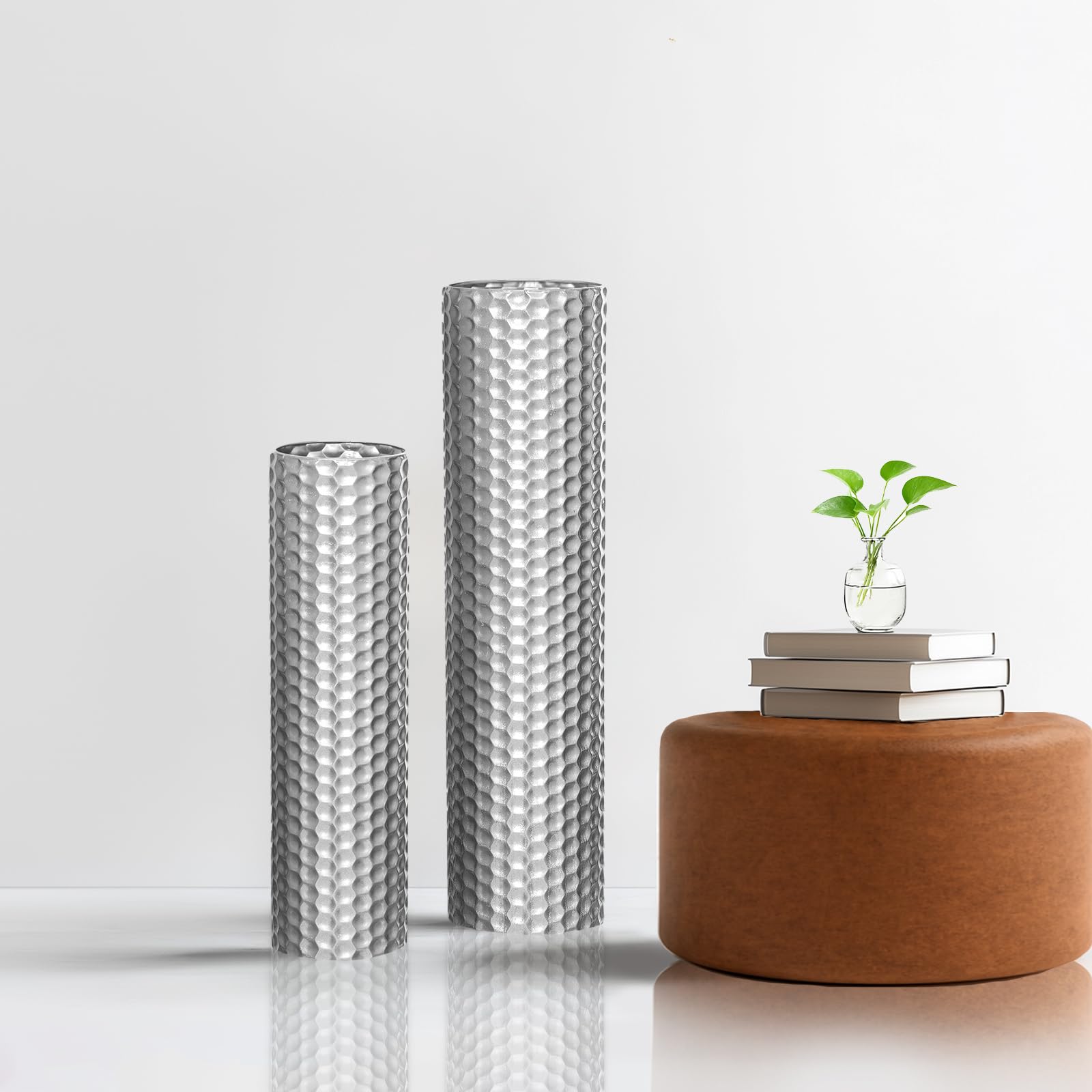Sziqiqi Bodenvase Groß Metall Silber: 70/55 cm Hoch Große Vasen für Boden Set aus 2 für Trockenblumen Pampasgras Kunstblumen - Wabenmuster Blumenvase Groß für Wohnzimmer Flur Home Wohnung Esszimmer