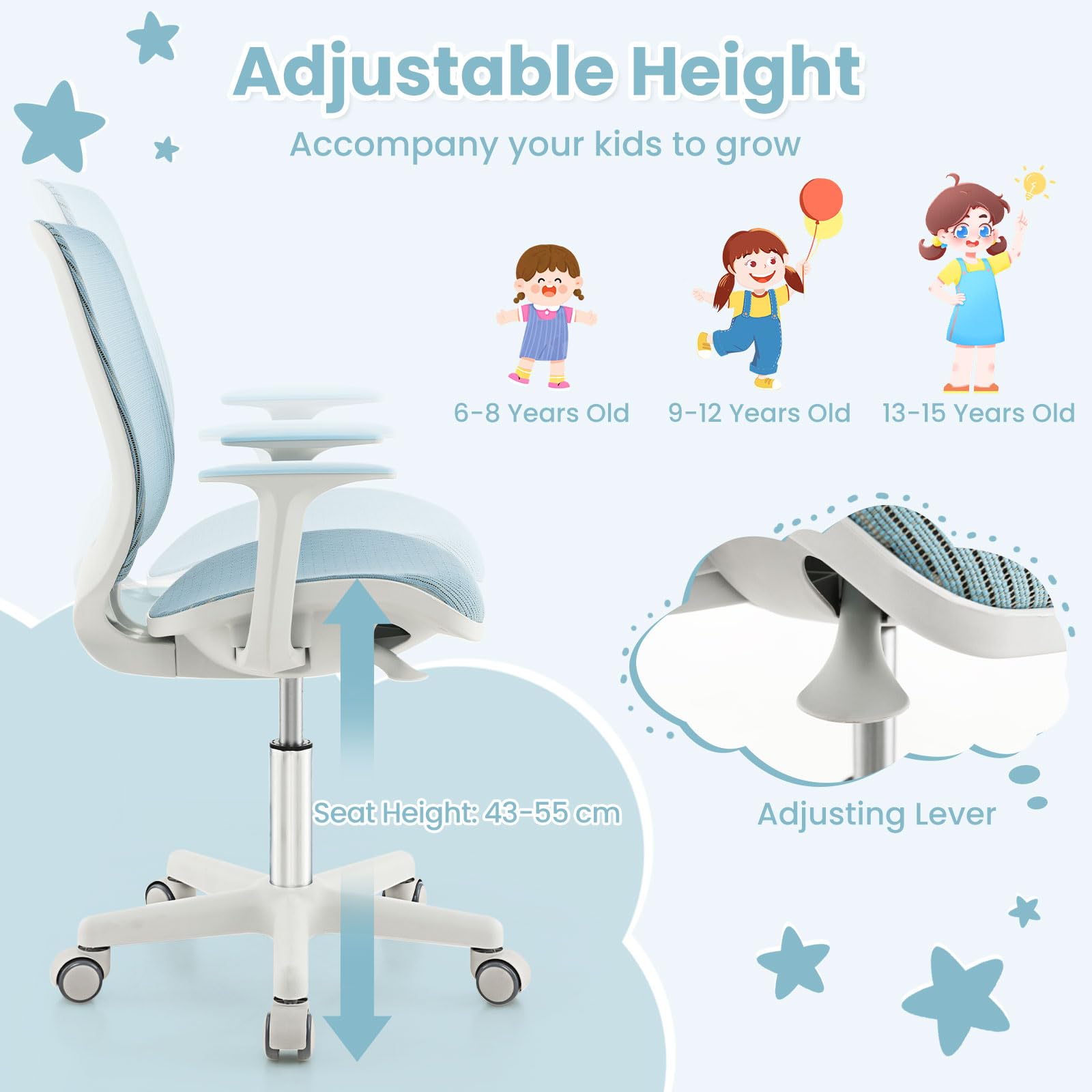 FANTASK Silla de escritorio para niños, ergonómica con respaldos y reposabrazos, altura del asiento: 43 – 55 cm, altura regulable, silla de oficina con ruedas, silla giratoria para niños a partir de 6